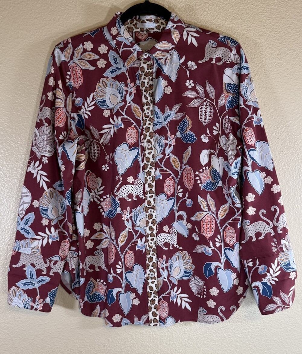 Chico's No-Iron Chic Stretch 1/M/8 Cotton Blend Cheetah Floral Print Button
